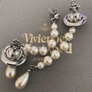 Vivienne Westwood Long Pearl Earrings Silver White Orb Drop with drawstring